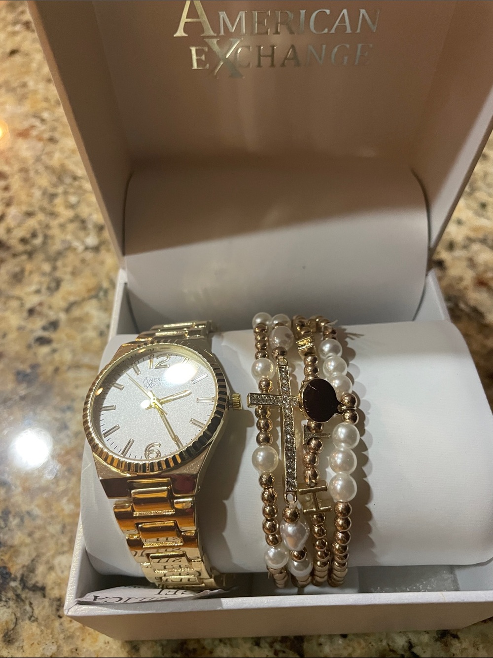 American Exchange Gold Tone Watch with Pearl & Bead Bracelet Stack